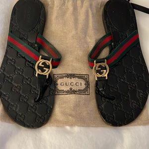 Gucci GG Web Stripe Thong Sandals EU 37 US 7 Black Flip Flop Slide Flat Heel